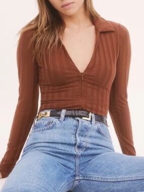 Reformation Chocolate Brown Ribbed Long-Sleeve Bodysuit